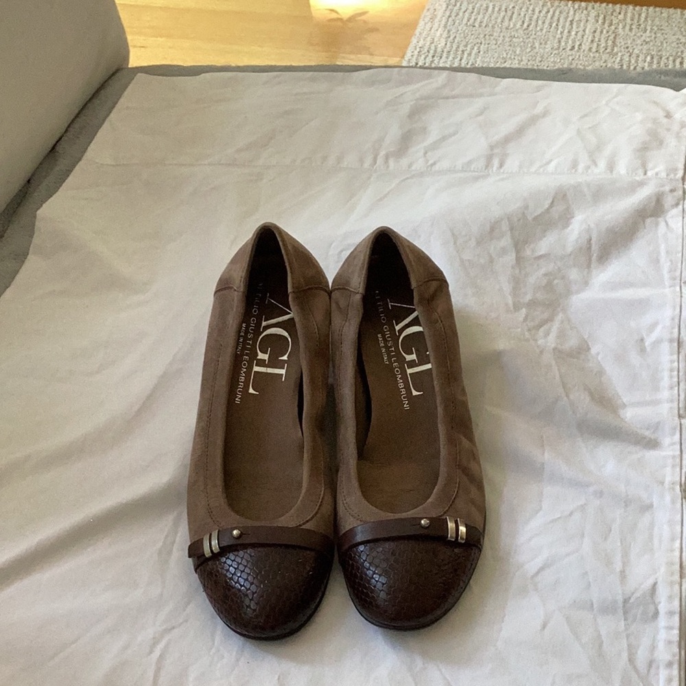 AGL Leather Suede & Snakeskin Toe Cap Ballet Flats, Tan, Sz 37.5/US 7.5